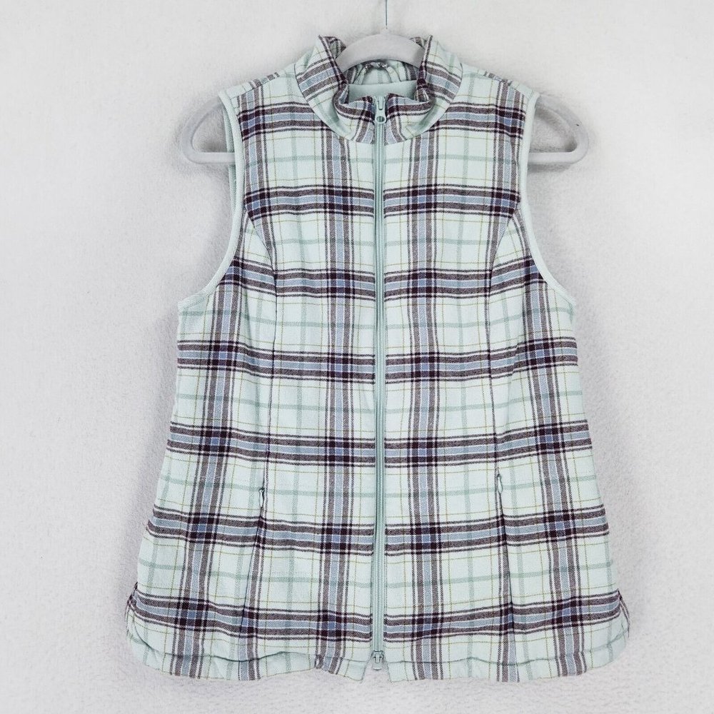J Jill Vest Womens Small Blue Green Plaid Flannel Fleece Lined Full Zip Outdoor